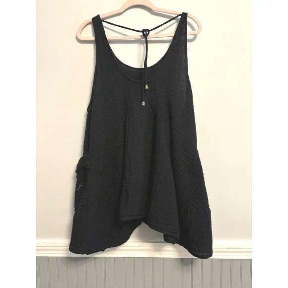Free People Black Double Gauze 100% Cotton Oversized Tank Top with Pockets XS - Picture 2 of 9